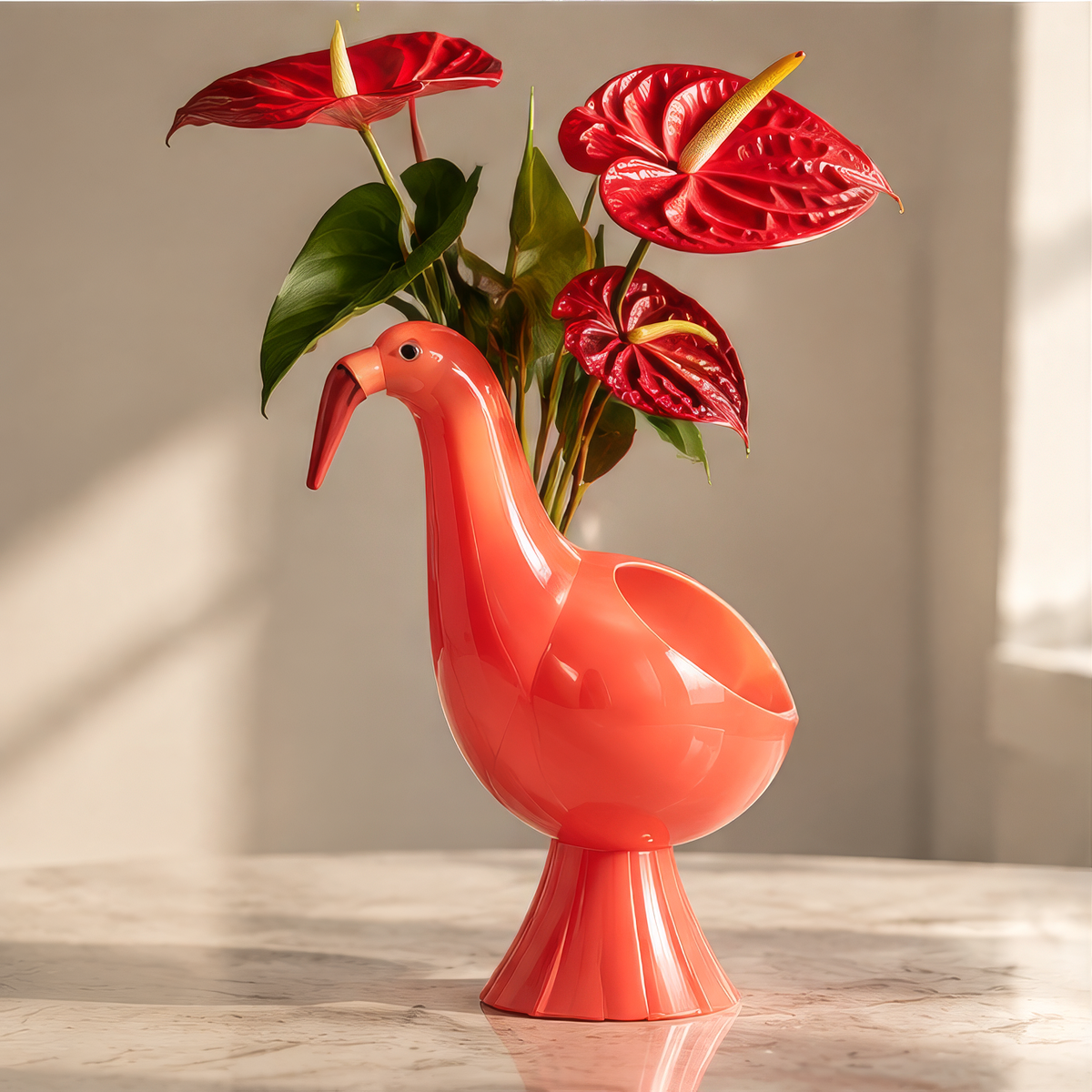 LOVINAYIY Coral Flamingo Vase - bring freshness lifestyle shot with red anthuriums