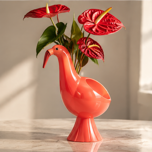 LOVINAYIY Coral Flamingo Vase - bring freshness lifestyle shot with red anthuriums