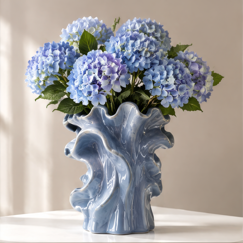 LOVINAYIY Blue Ripple Wave Ceramic Vase - unique sculptural silhouette top-down opening view