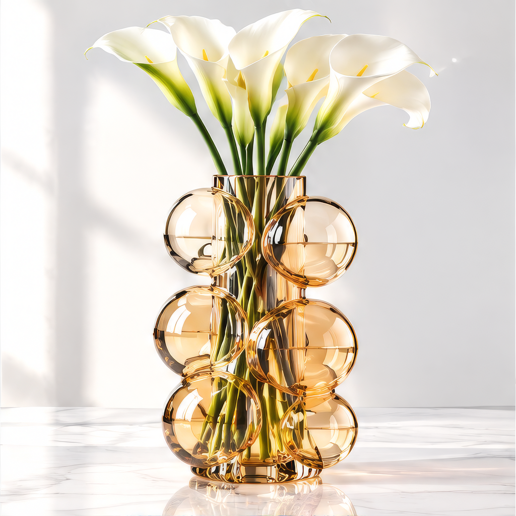 LOVINAYIY Amber Bubble Glass Vase - unique sculptural form top view with calla lilies