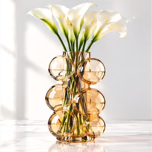 LOVINAYIY Amber Bubble Glass Vase - unique sculptural form top view with calla lilies