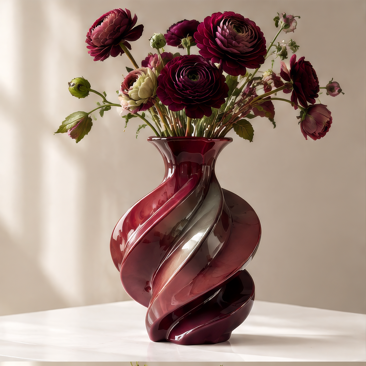 LOVINAYIY Burgundy Twisted Spiral Ceramic Vase - sculptural elegance unique twisted silhouette top-down view