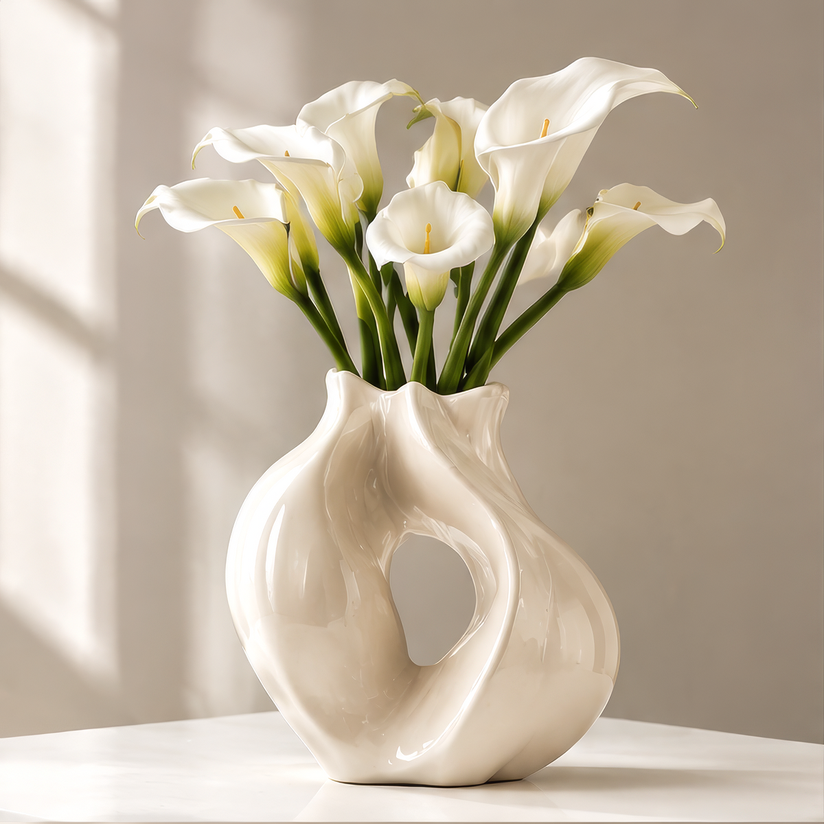 LOVINAYIY White Sculptural Loop Ceramic Vase - inspired by nature organic forms top opening detail