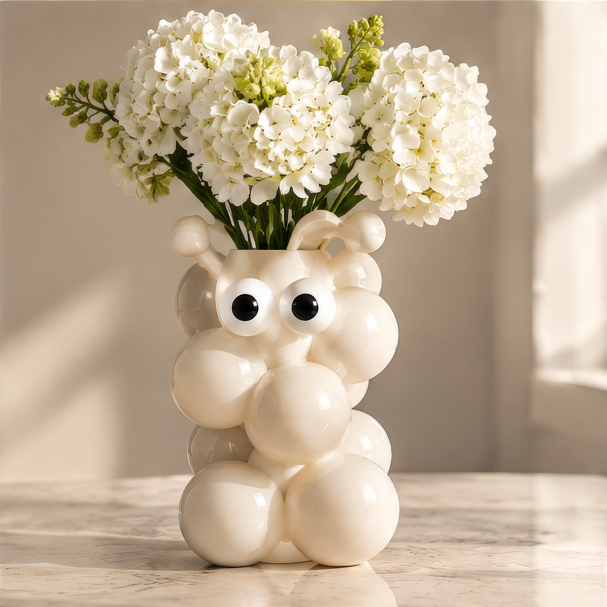 LOVINAYIY White Bubble Bear Vase with white hydrangeas - clean light background front view