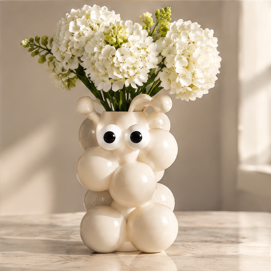 LOVINAYIY White Bubble Bear Vase with white hydrangeas - clean light background front view