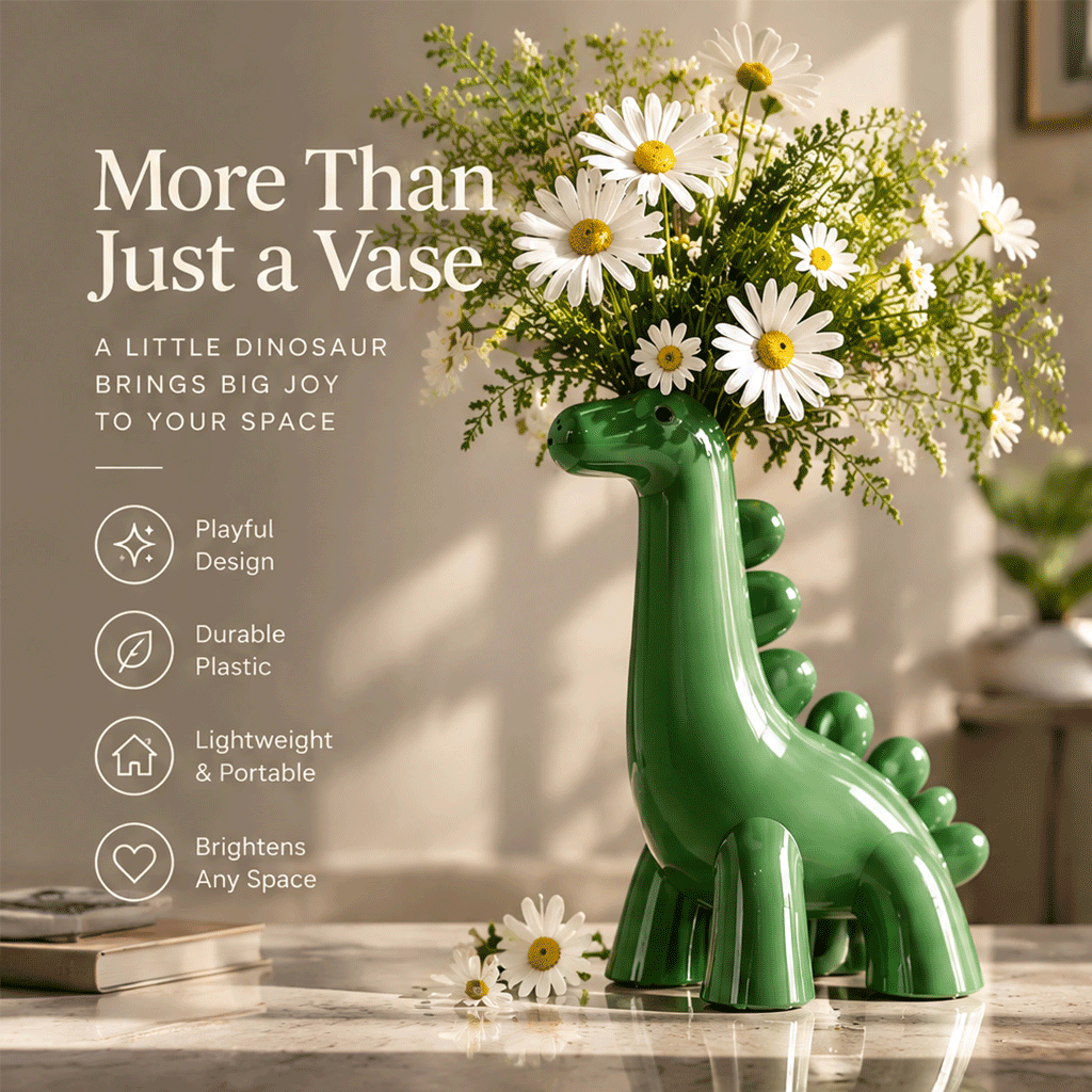 LOVINAYIY Green Dinosaur Vase - bring nature's joy home lifestyle shot with daisies