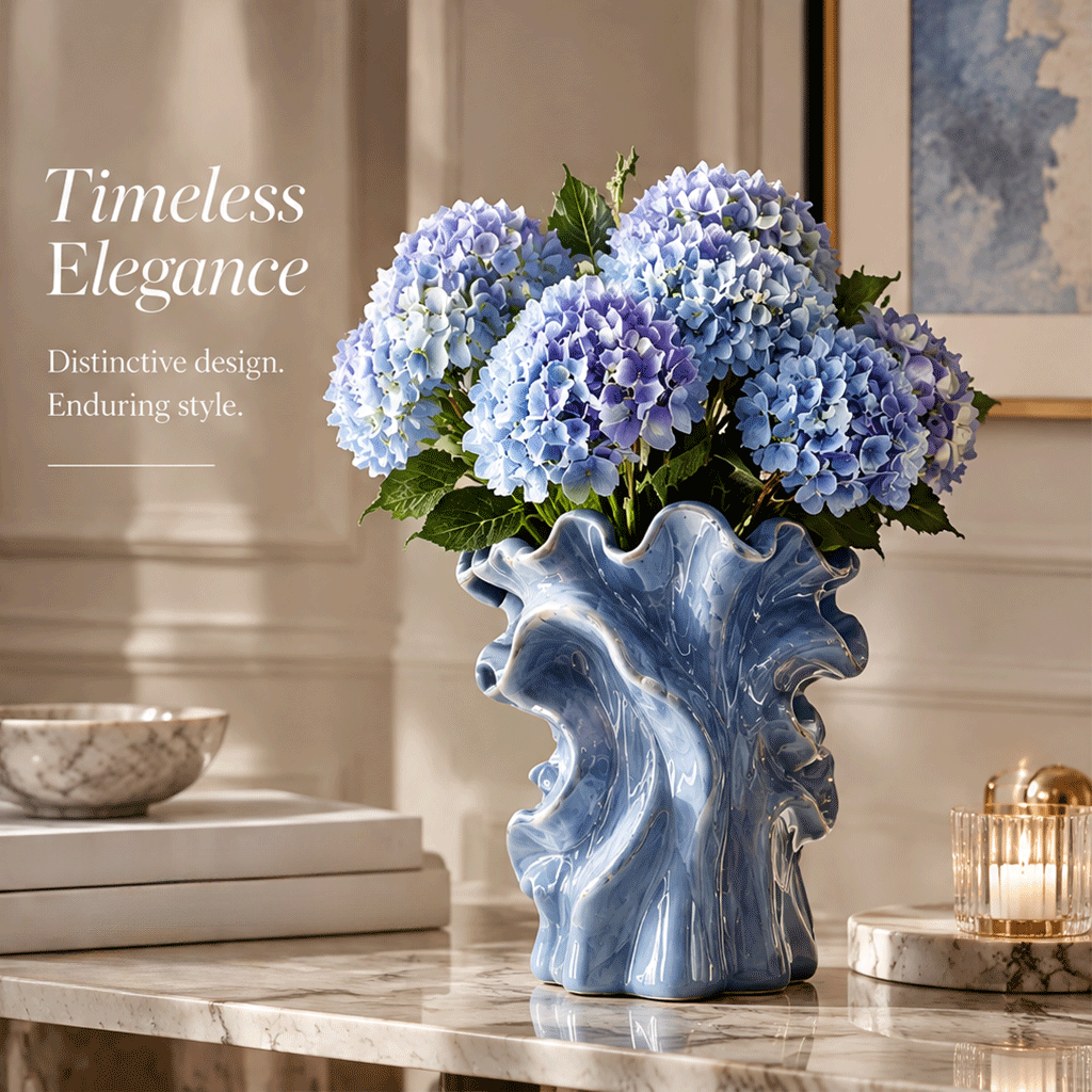 LOVINAYIY Blue Ripple Wave Ceramic Vase - timeless elegance lifestyle shot with candle and gold decor