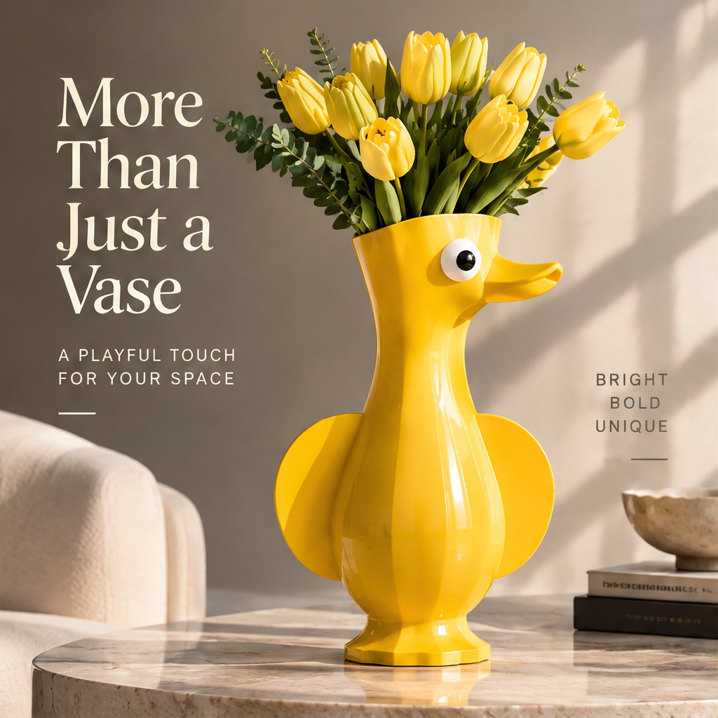 LOVINAYIY Yellow Duck Vase with yellow tulips - playful character close-up