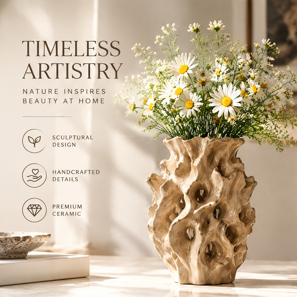 LOVINAYIY Beige Organic Coral Texture Ceramic Vase - more than a vase a piece of nature top-down view
