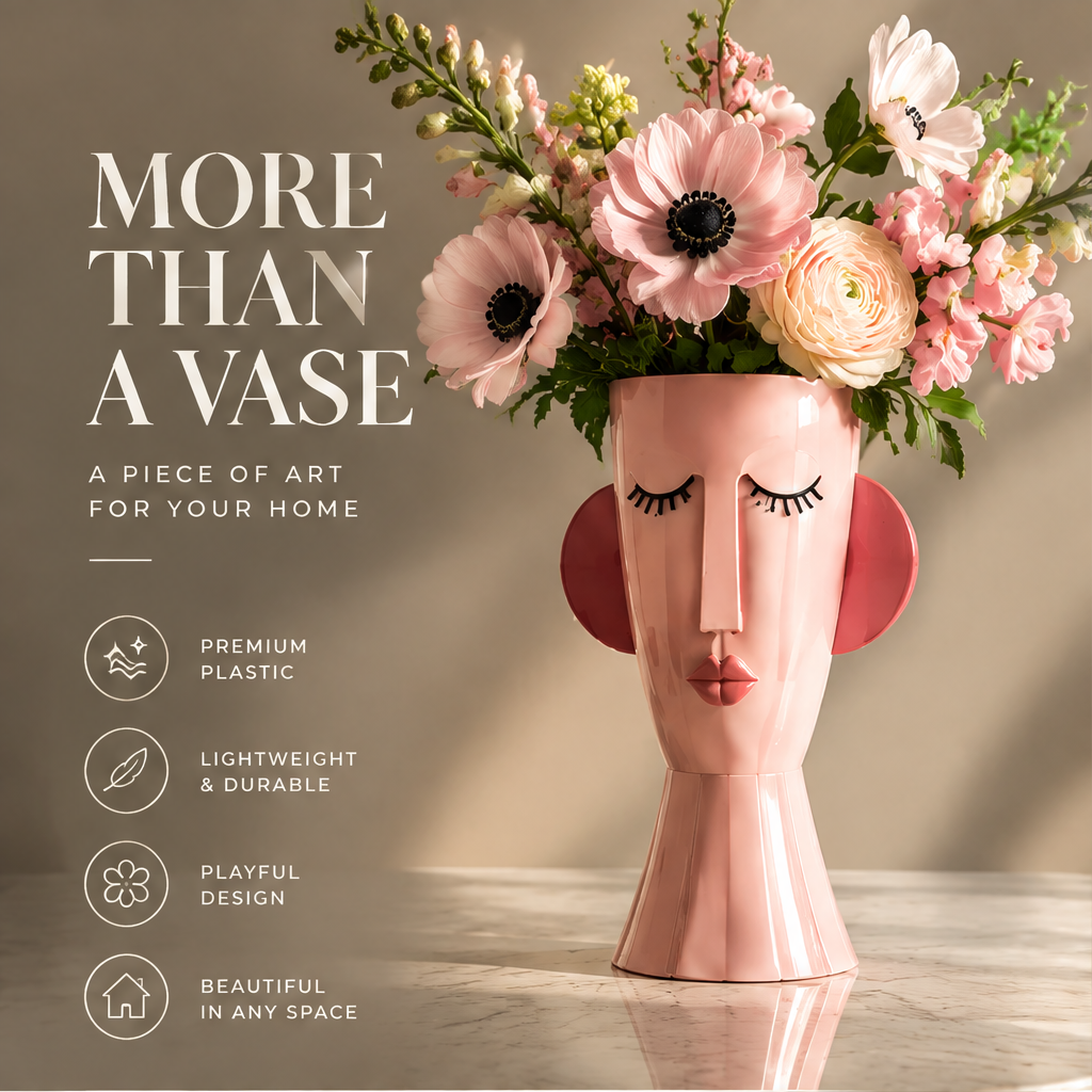 LOVINAYIY Pink Face Vase - bring joy home lifestyle shot with pink florals