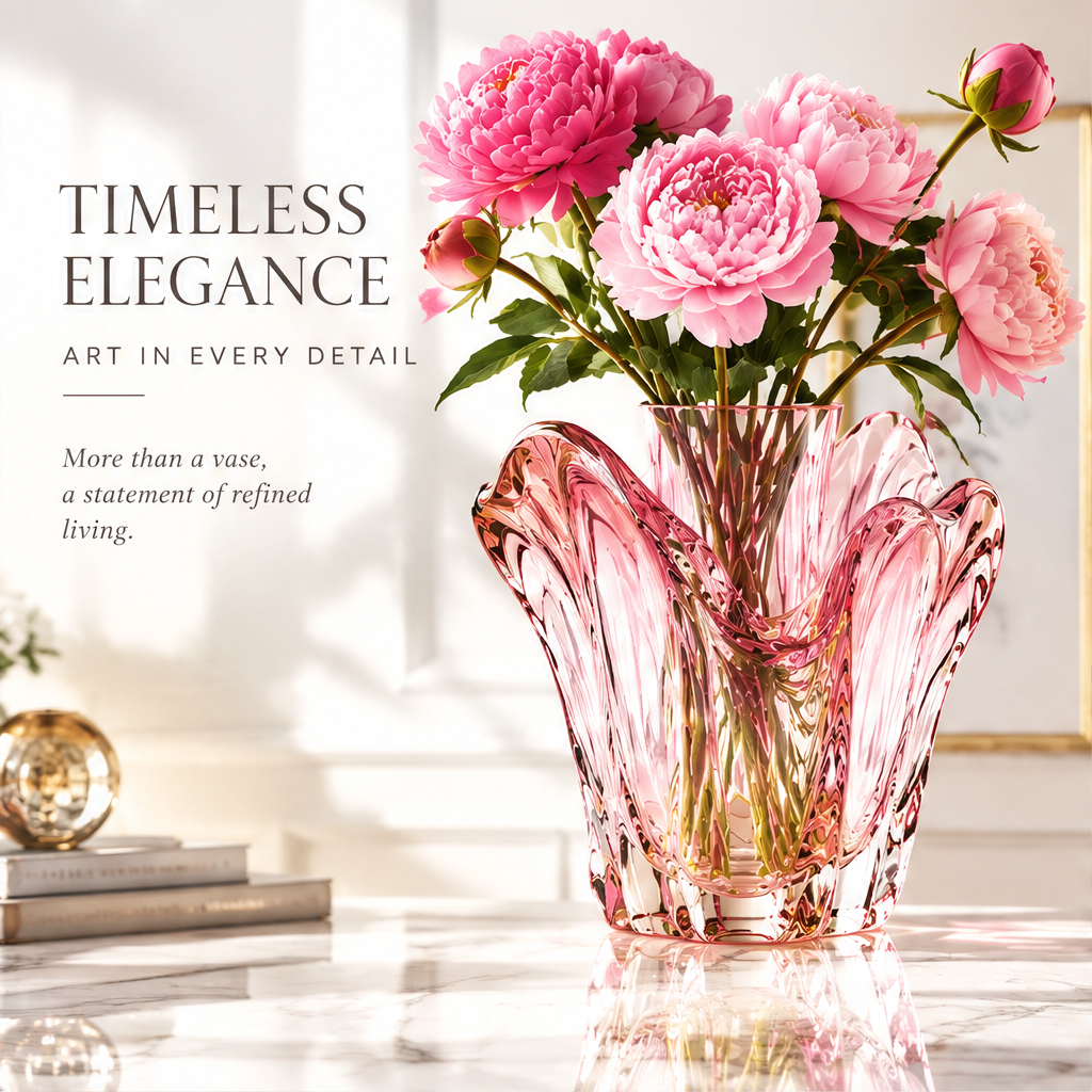LOVINAYIY Pink Petal Bloom Crystal Glass Vase - bloom in glass top view