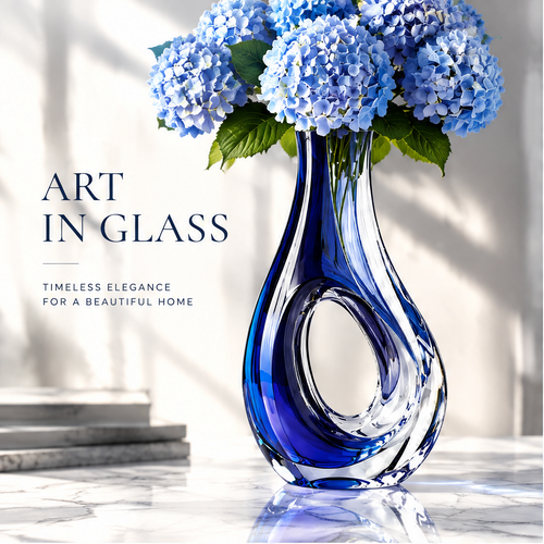 LOVINAYIY Blue Teardrop Hollow Ring Crystal Glass Vase with blue hydrangeas - clean white background