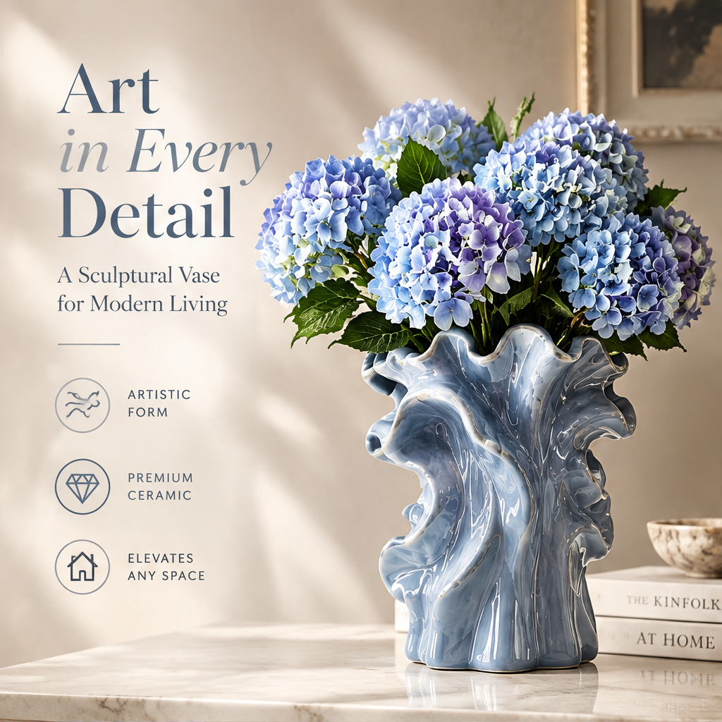 LOVINAYIY Blue Ripple Wave Ceramic Vase with blue hydrangeas - clean light background front view
