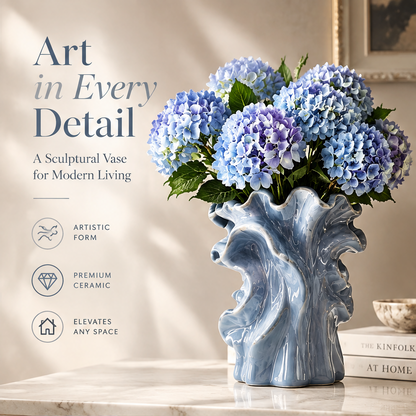 LOVINAYIY Blue Ripple Wave Ceramic Vase with blue hydrangeas - clean light background front view