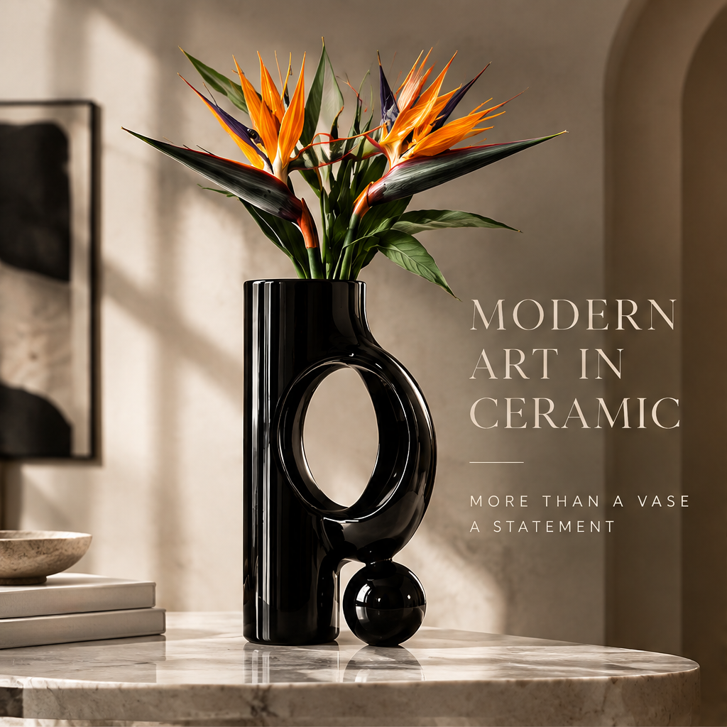 LOVINAYIY Black Geometric Circle Ceramic Vase with bird of paradise flowers - clean light background front view