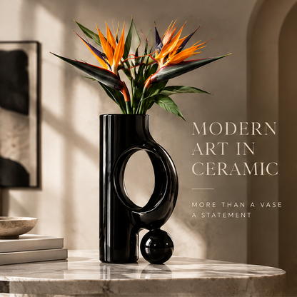 LOVINAYIY Black Geometric Circle Ceramic Vase with bird of paradise flowers - clean light background front view
