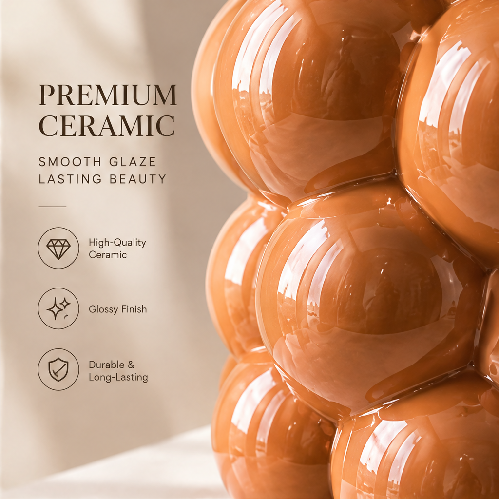 LOVINAYIY Caramel Bubble Ball Ceramic Vase with pink orange English roses - clean light background front view
