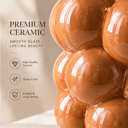 LOVINAYIY Caramel Bubble Ball Ceramic Vase with pink orange English roses - clean light background front view