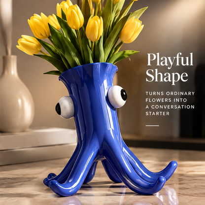 LOVINAYIY Blue Octopus Vase with yellow tulips - clean light background front view