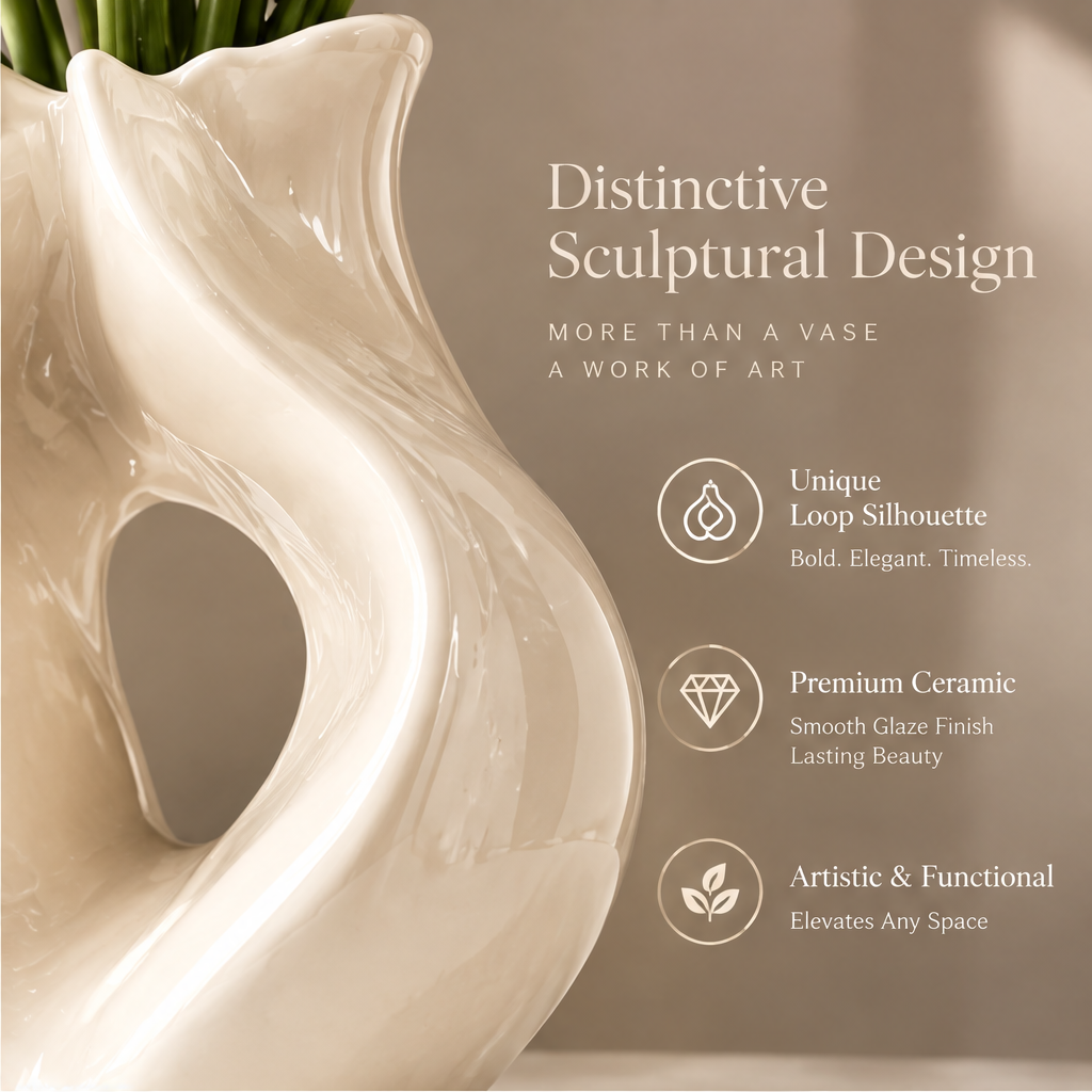 LOVINAYIY White Sculptural Loop Ceramic Vase with white calla lilies - clean light background front view
