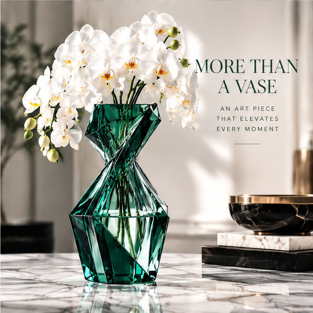 LOVINAYIY Emerald Geometric Twist Glass Vase - sculpted in glass detail close-up