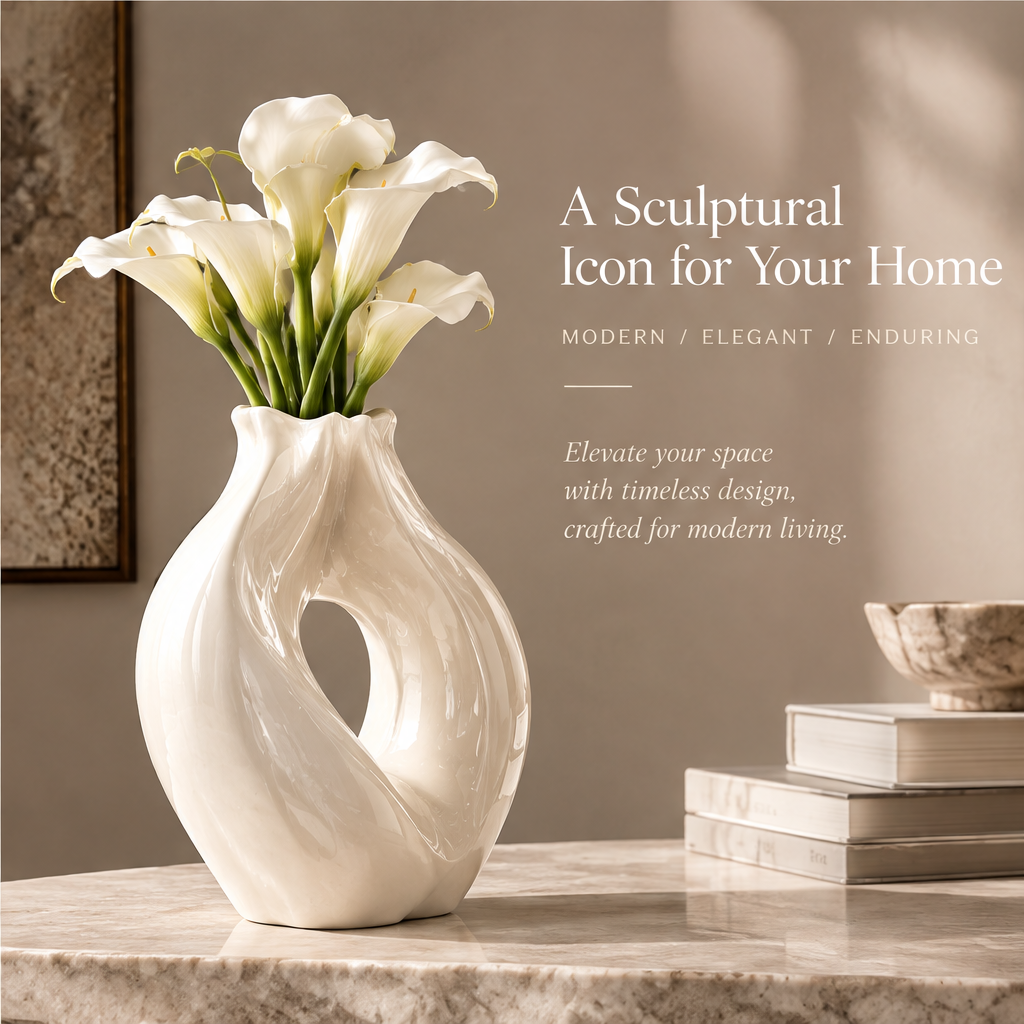 LOVINAYIY White Sculptural Loop Ceramic Vase - distinctive sculptural design loop silhouette close-up