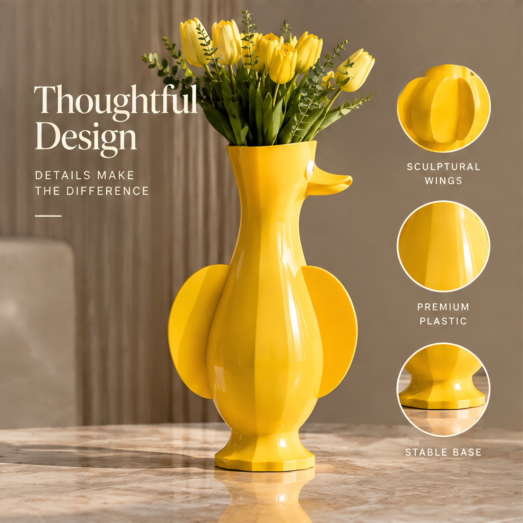 LOVINAYIY Yellow Duck Vase with yellow tulips - playful character face detail