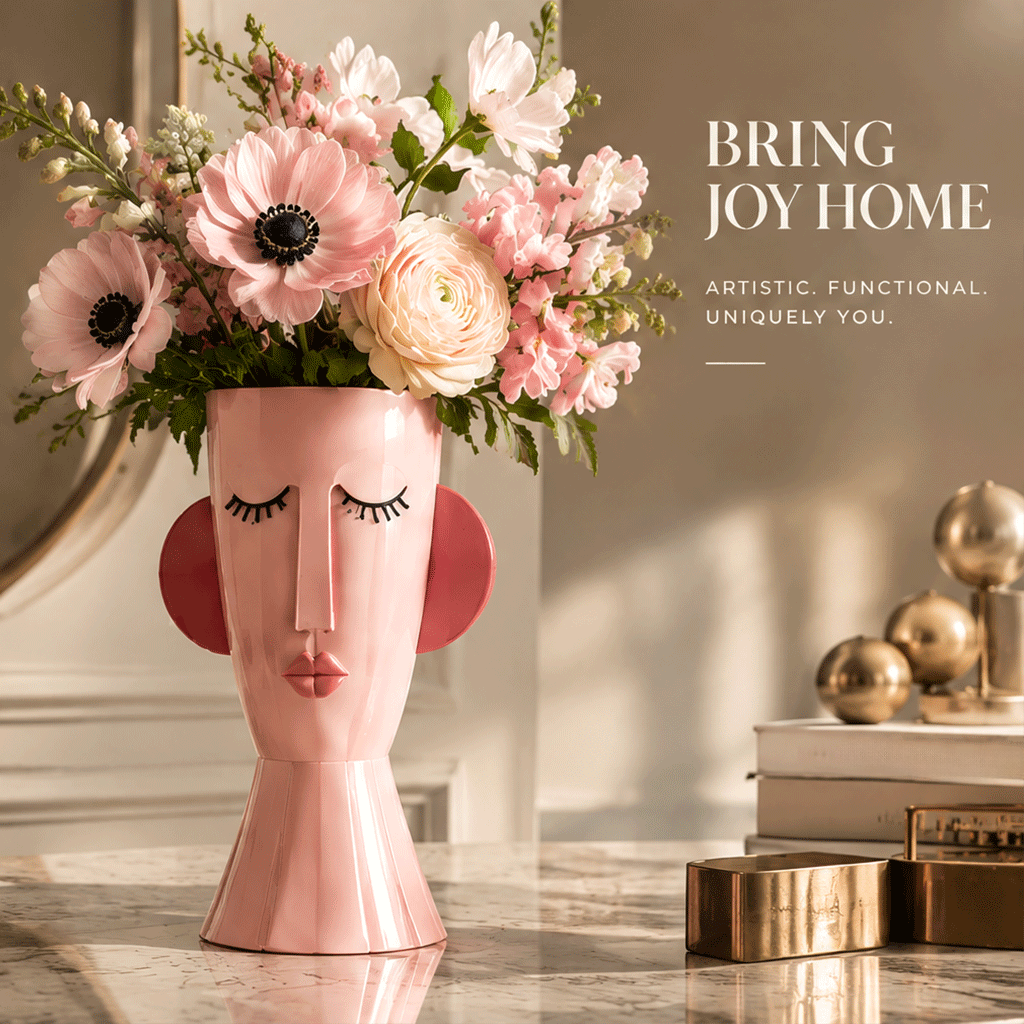 LOVINAYIY Pink Face Vase - playful details sculpted face features close-up