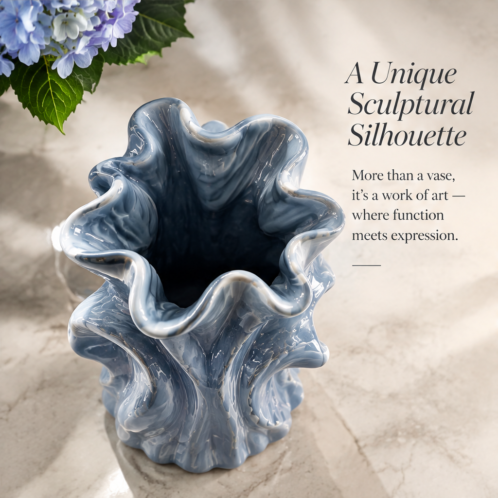 LOVINAYIY Blue Ripple Wave Ceramic Vase - exquisite craftsmanship organic flow lines close-up