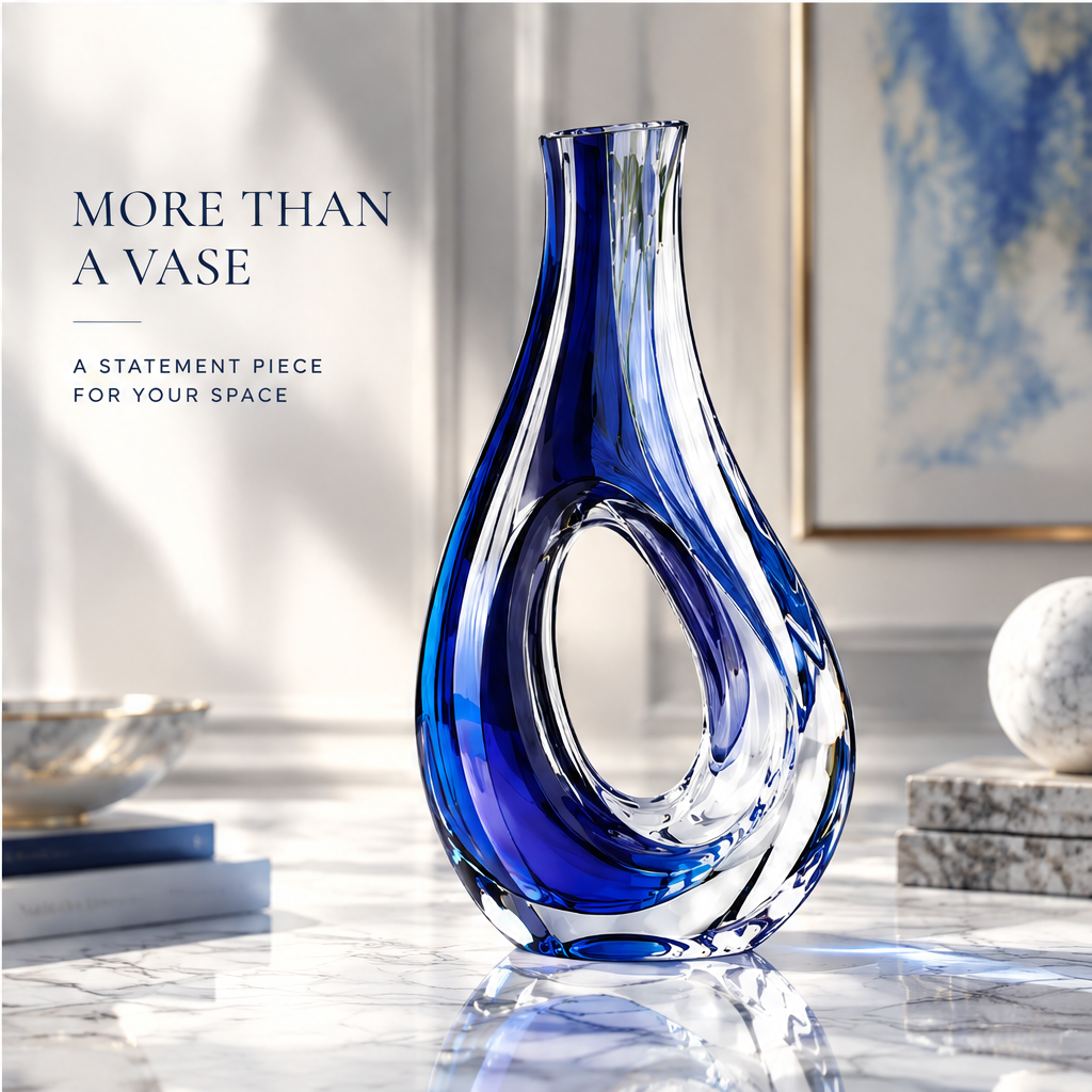 LOVINAYIY Blue Teardrop Hollow Ring Crystal Glass Vase - thoughtful details neck and rim close-up